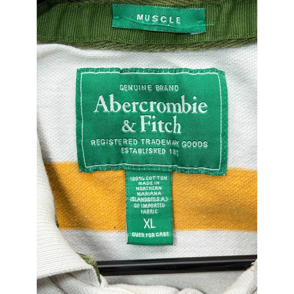 Abercrombie & Fitch Vintage Polo Shirt White Yellow Striped Muscle Fit | Mens XL - Picture 7 of 9